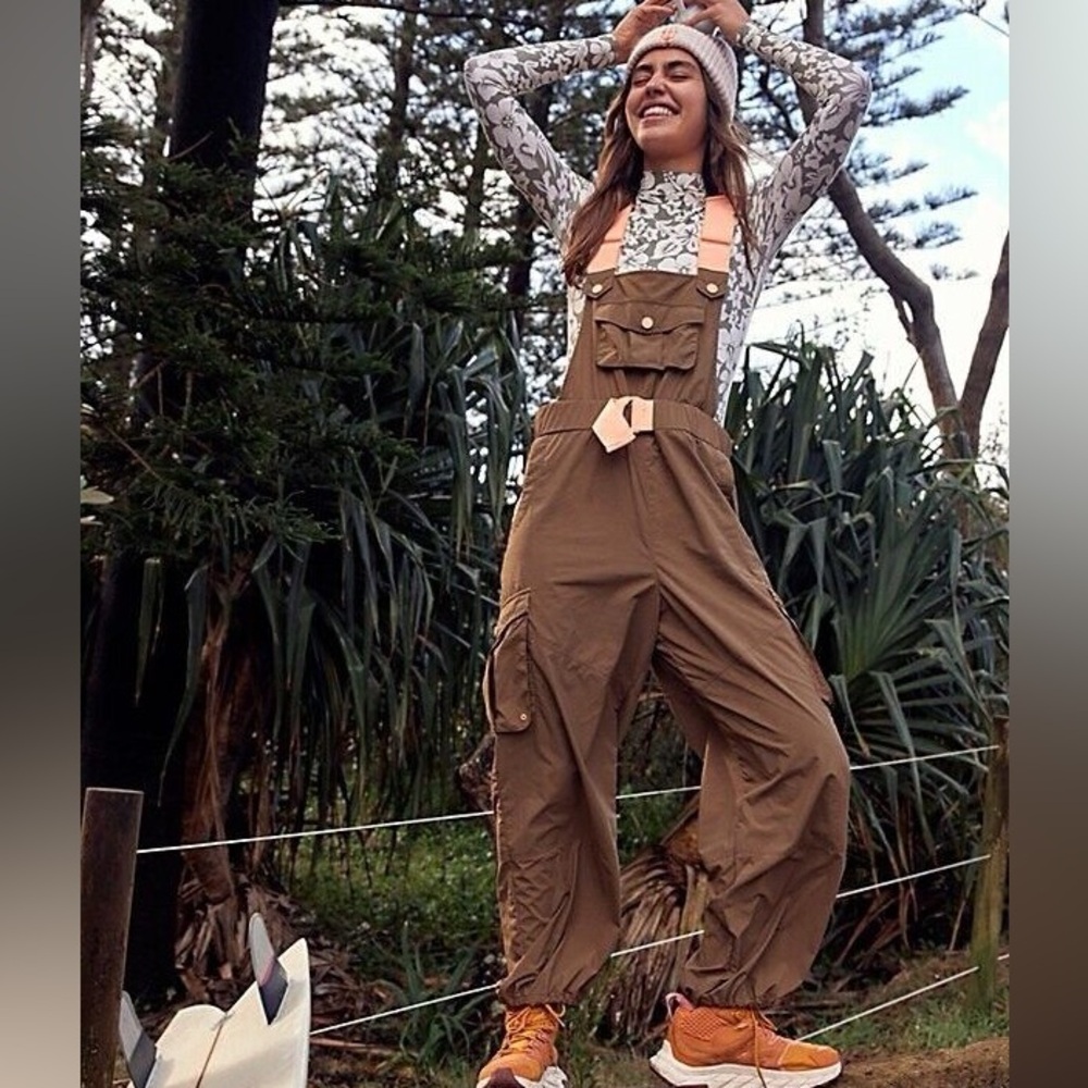 Free People Olive Brown Utility Cargo Overalls
